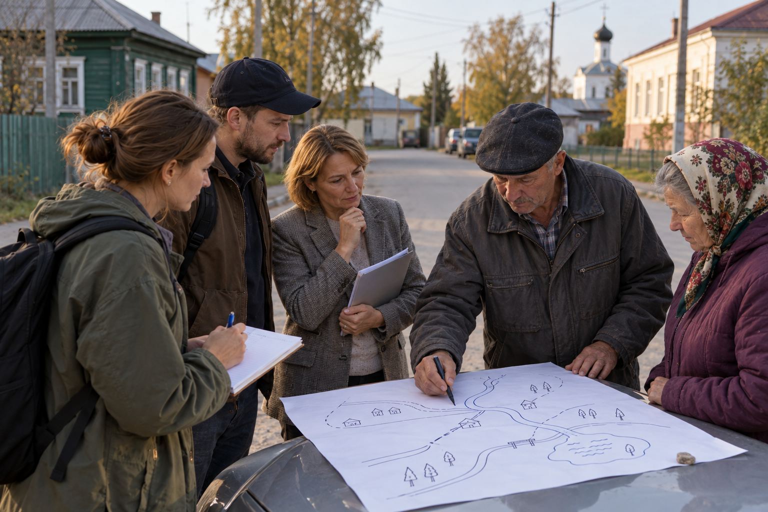 Житель рисует маршрут по посёлку, команда записывает