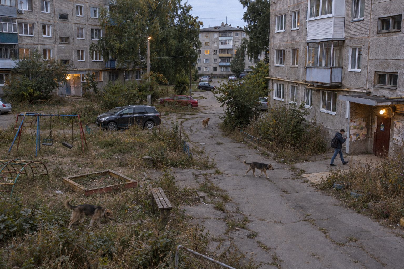 Тот же двор пустой: заросшая площадка, бродячие собаки, человек с телефоном идёт к подъезду