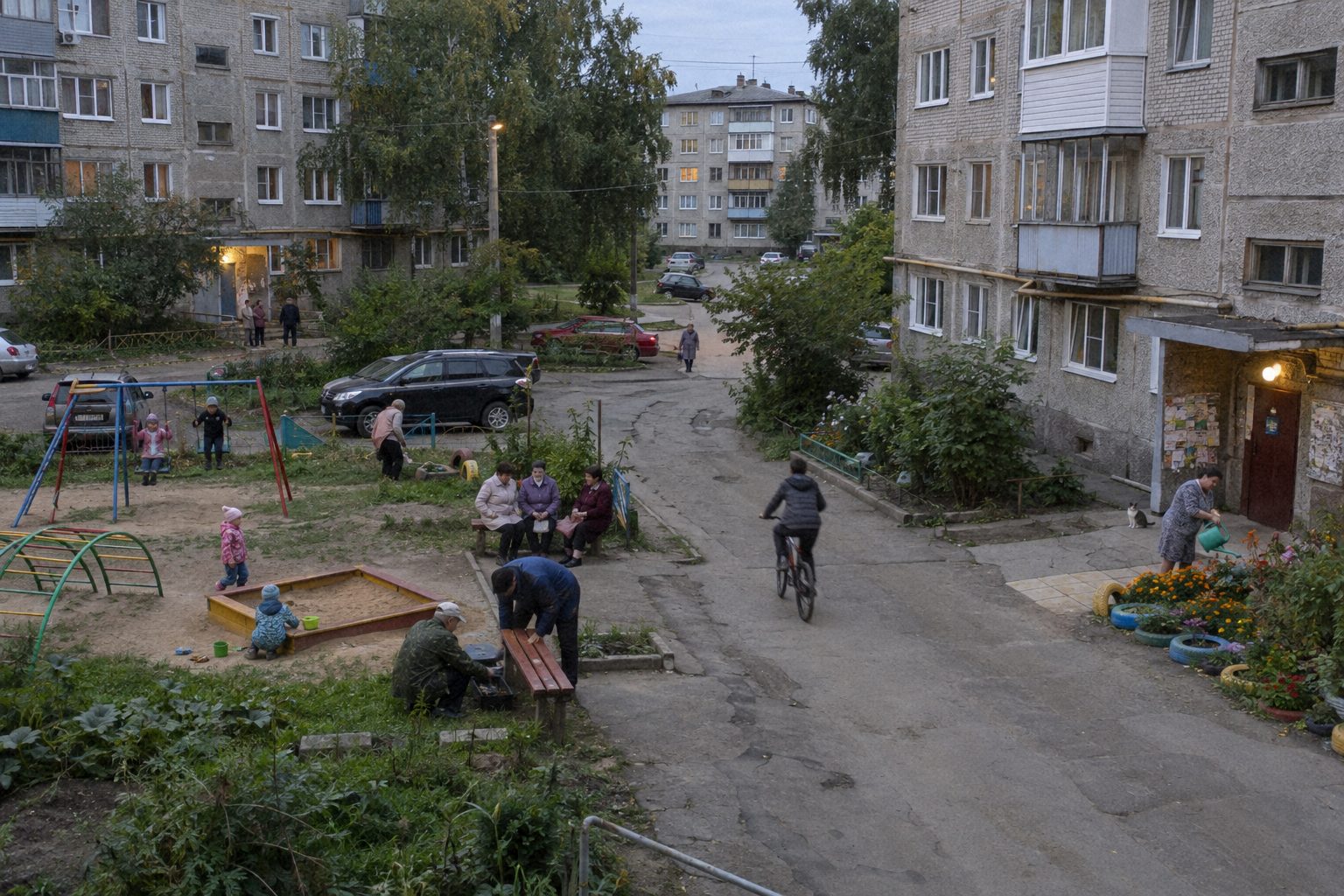 Живой двор: соседи на скамейке, дети на площадке, мужчины чинят скамейку, женщина поливает цветы